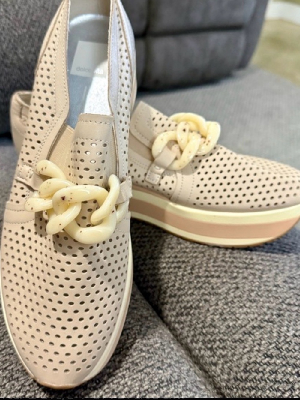 Dolce Vita Cream Perforated Slip-On Loafers with Chunky Chain